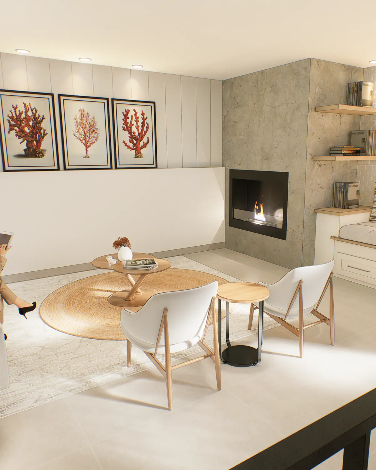 Sala de estar com lareira, poltronas claras e quadros